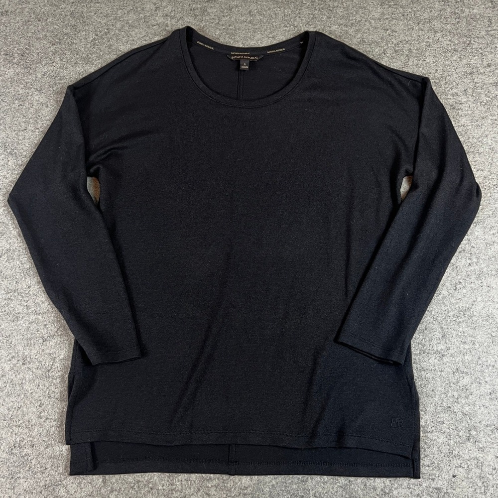 Banana Republic Womens S Black Long Sleeve Knit Top Crew Neck Side Slit Pullover